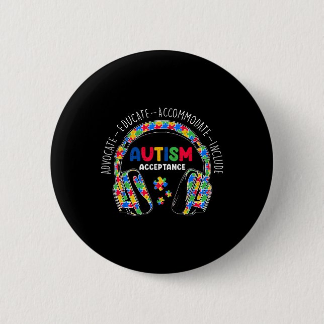Autism Awareness Acceptance Headphones Teacher Boy Button (Front)