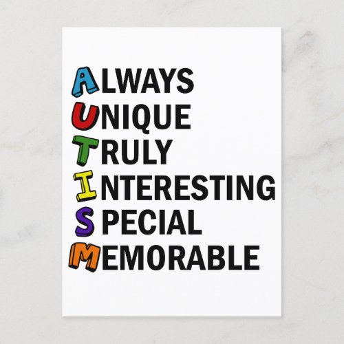 Autism Awareness Acrostic Cute Rainbow Word Poem Postcard