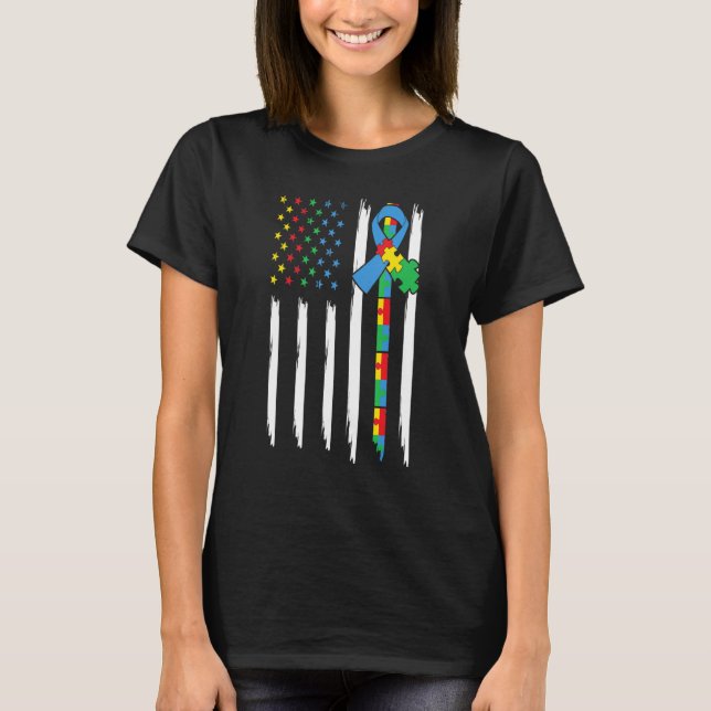Autism Awareness America Flag Color Puzzle Kindnes T-Shirt (Front)