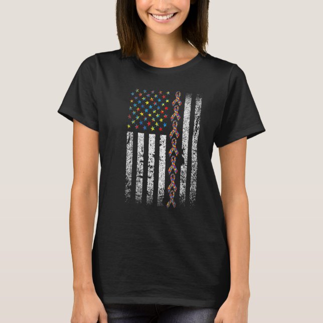 Autism Awareness American Flag  Autism Puzzle Ribb T-Shirt (Front)