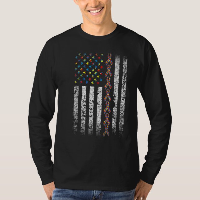 Autism Awareness American Flag  Autism Puzzle Ribb T-Shirt (Front)