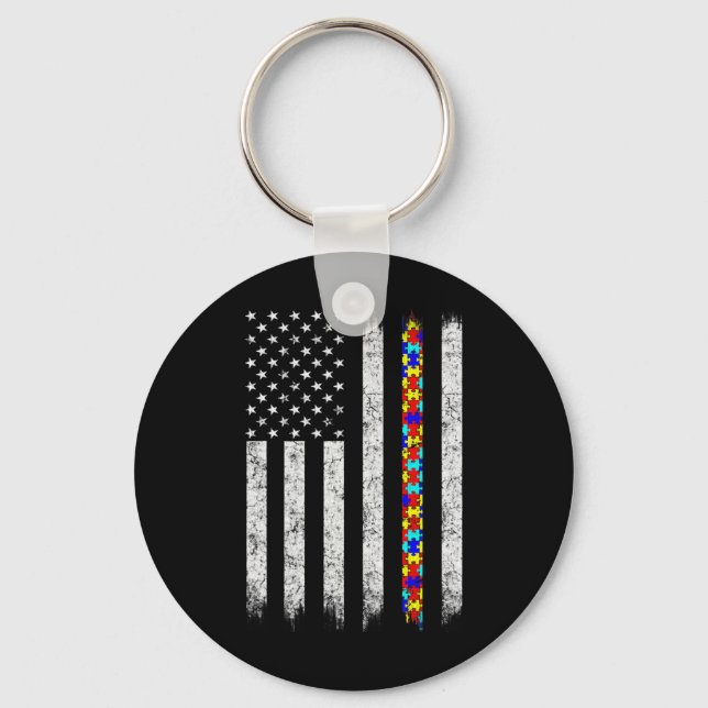 Autism Awareness American Flag  Keychain (Front)