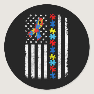 Autism Awareness American Flag Puzzle Line Ribbon  Classic Round Sticker
