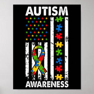 Autism Awareness American Flag Puzzle Ribbon Dad M Poster