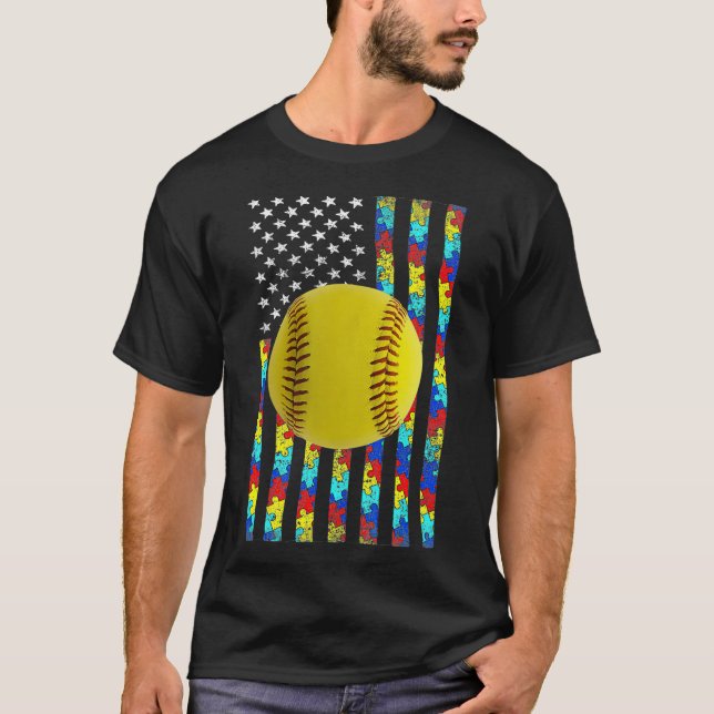 Autism Awareness American Flag Softball T-Shirt (Front)