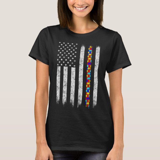 Autism Awareness American Flag  T-Shirt (Front)