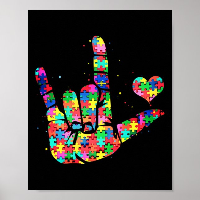 Autism Awareness  ASL Love Sign Language Puzzle Pi (Front)