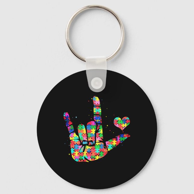 Autism Awareness  ASL Love Sign Language Puzzle Pi Keychain (Front)