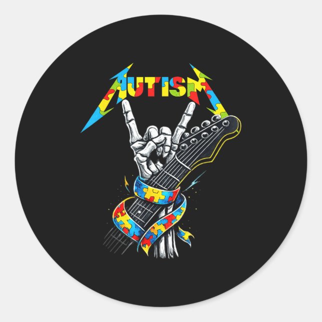 Autism awareness autism skeleton guitar player roc classic round sticker (Front)