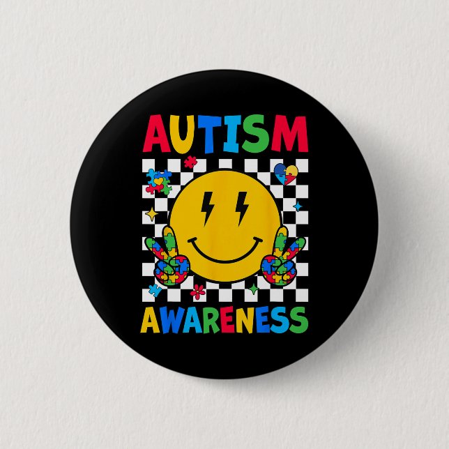 Autism Awareness Autism Squad Support Smile Face W Button (Front)