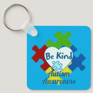 Autism Awareness Be Kind Blue Heart Puzzle Piece Keychain