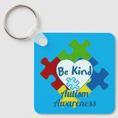 Autism Awareness Be Kind Blue Heart Puzzle Piece Keychain