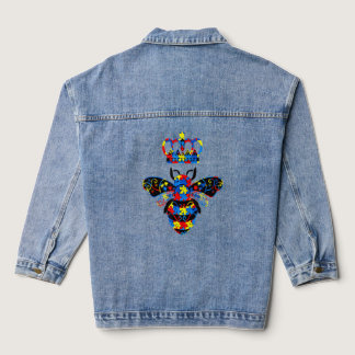 Autism Awareness Bee With Crown And Jewelry  Fashi Denim Jacket