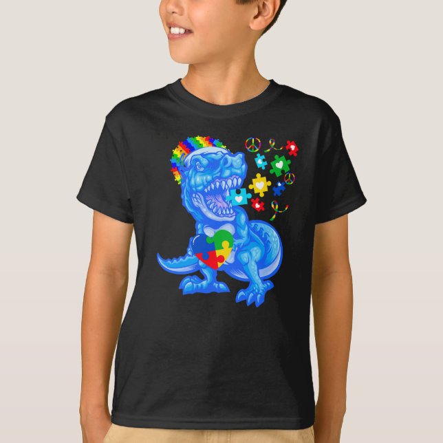 Autism Awareness Blue Month Blue Dinosaur T Rex T-Shirt (Front)