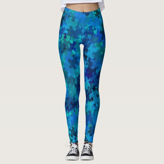 Autism Awareness Blue Puzzle Collage Leggings (Front)