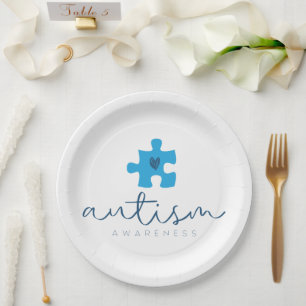 autism awareness blue puzzle piece heart paper plates