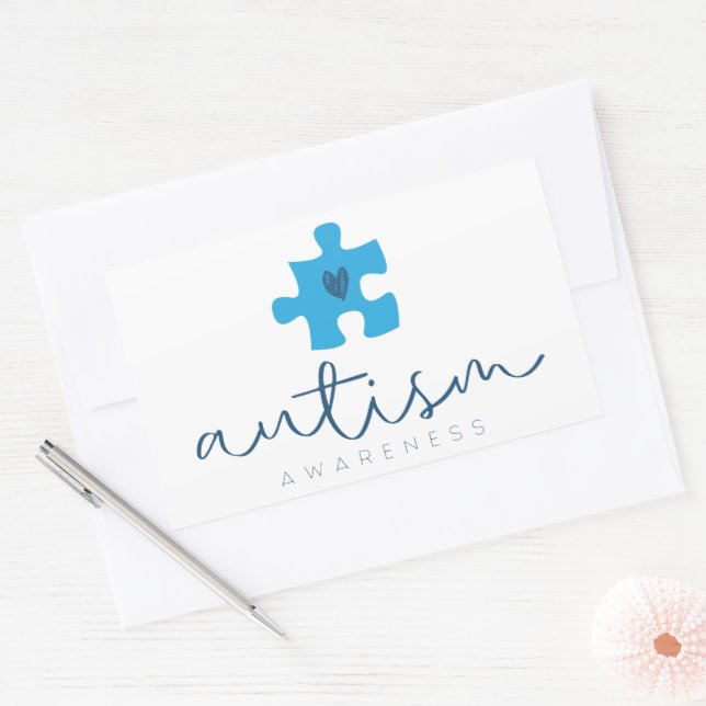 autism awareness blue puzzle piece heart  rectangular sticker (Envelope)