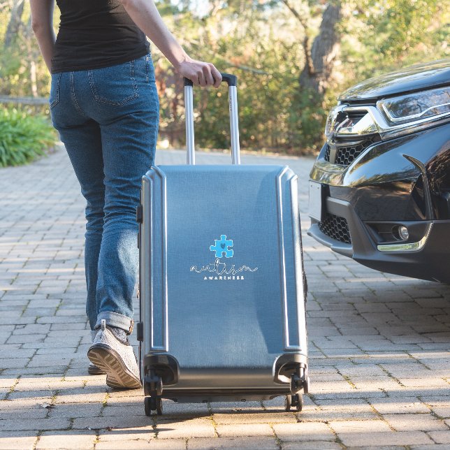 autism awareness blue puzzle piece heart  sticker (Suitcase Insitu)