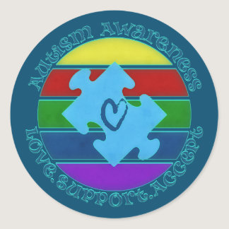 Autism Awareness Blue Puzzle Piece stamped Heart Classic Round Sticker