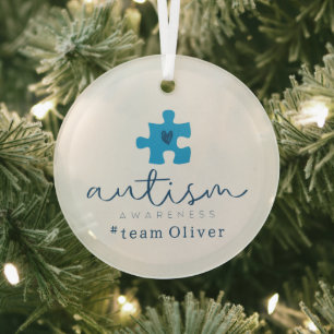 autism awareness blue puzzle piece #team name  glass ornament
