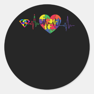 Autism Awareness Blue Ribbon Heart Beat Love Classic Round Sticker