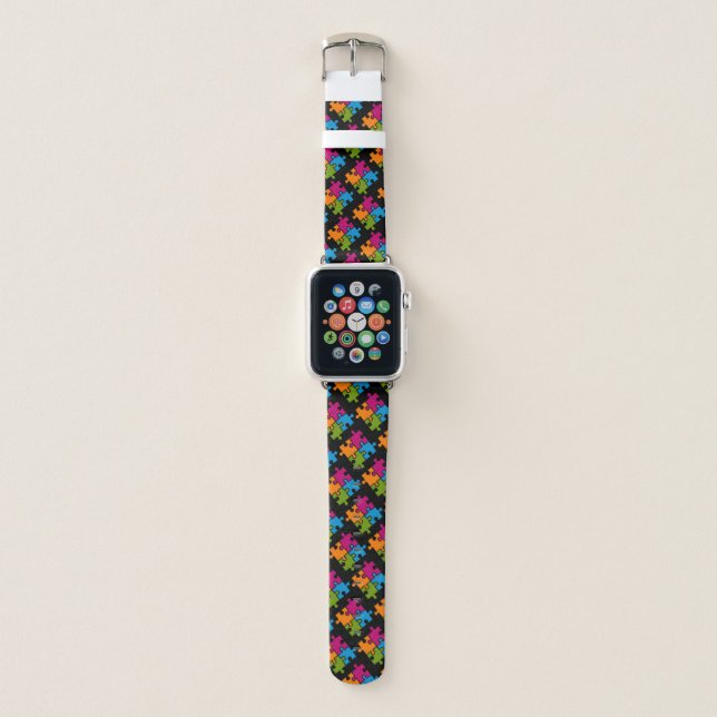 Autism Awareness Bright Support Puzzle Piece BLACK Apple Watch Band (Front)
