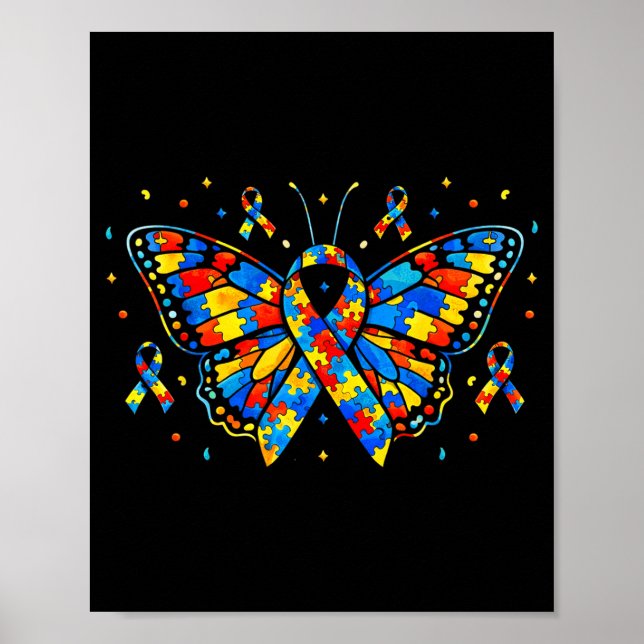 Autism Awareness Butterfly Puzzle Ribbon  Poster (Front)