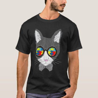 Autism Awareness Cat Face Sunglasses Puzzle Piece T-Shirt