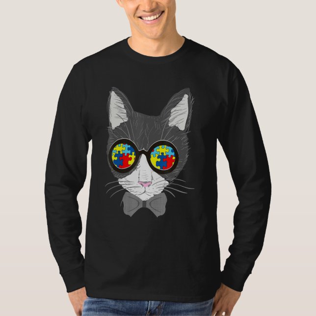 Autism Awareness Cat Face Sunglasses Puzzle Piece  T-Shirt (Front)