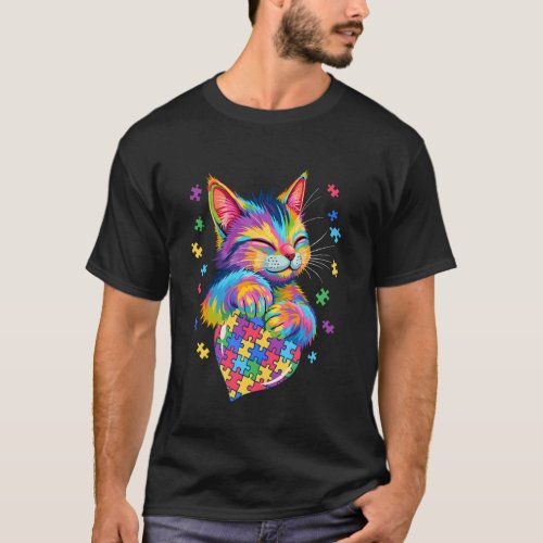 Autism Awareness Cat Love Heart Puzzle Piece Cute  T-Shirt