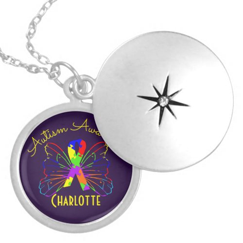 Autism Awareness Colorful Ribbon Butterfly Locket Necklace