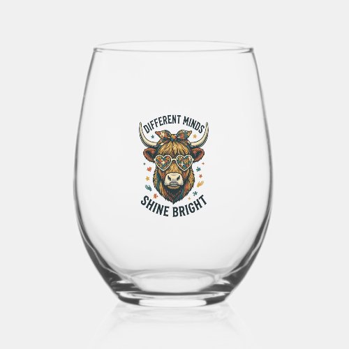 Autism Awareness Cow Vintage Engraving Support Des Stemless Wine Glass