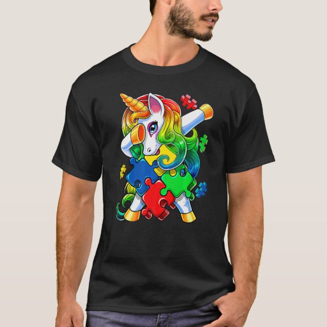 Autism Awareness Dabbing Unicorn Puzzle Piece For  T-Shirt (Front)