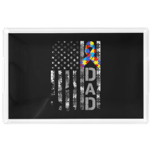 Autism Awareness Dad USA Flag Fathers day Acrylic Tray