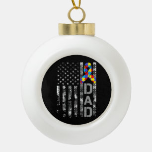 Autism Awareness Dad USA Flag Fathers day Ceramic Ball Christmas Ornament