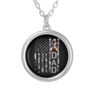 Autism Awareness Dad USA Flag Fathers day Silver Plated Necklace