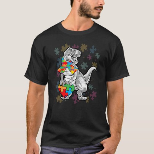 Autism Awareness Dinosaur Rex Heart Puzzle Pieces T-Shirt