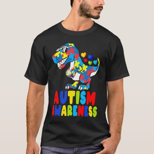 Autism Awareness Dinosaur Rex Heart Puzzle Pieces T-Shirt