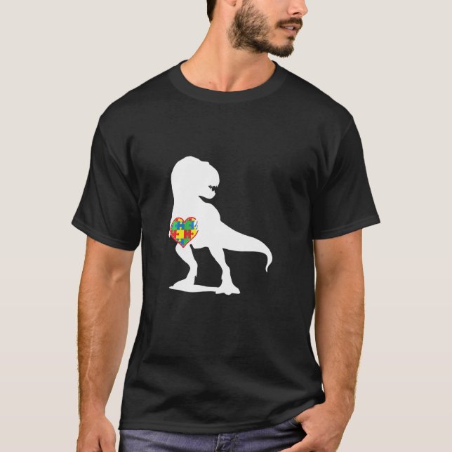 Autism Awareness Dinosaur T Rex Puzzle Heart T-Shirt (Front)