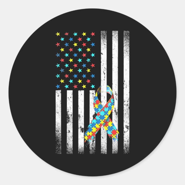 Autism Awareness Distressed American Flag Puzzle Classic Round Sticker (Front)
