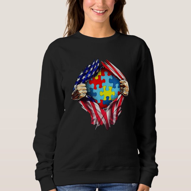 Autism Awareness Distressed American Flag Puzzle H Sweatshirt (Front)