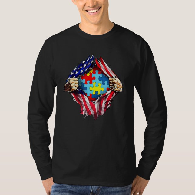 Autism Awareness Distressed American Flag Puzzle H T-Shirt (Front)