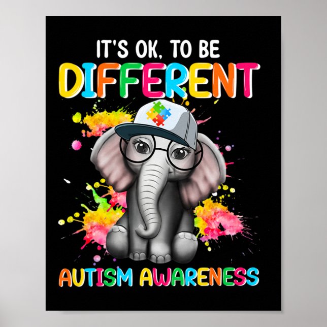 Autism Awareness Elephant Flower Its Ok To Be Diff Poster (Front)
