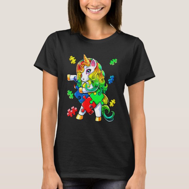 Autism Awareness Flossing Unicorn Puzzle Piece T-Shirt (Front)