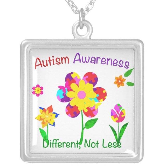 Autism Awareness Flowers Silver Plated Necklace (Front)