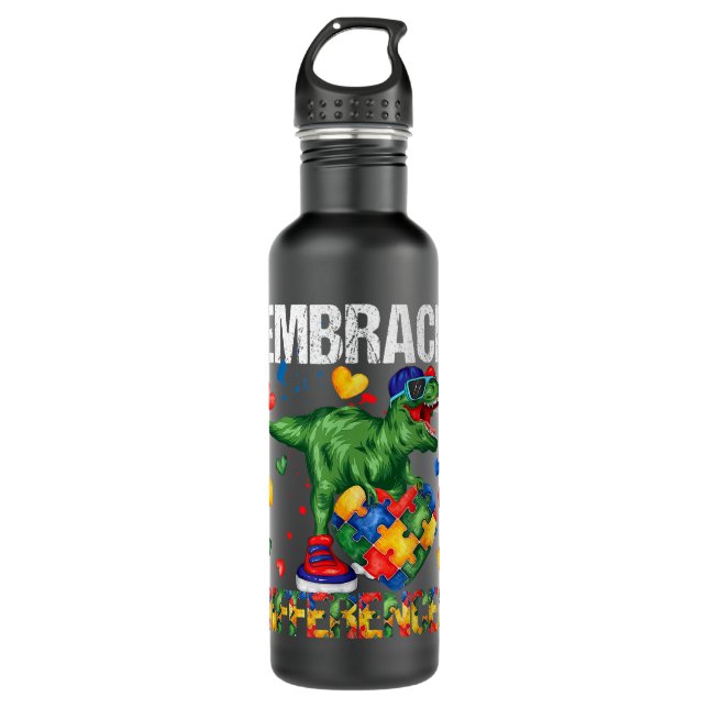 Autism Awareness For Boys Kids Dinosaur Puzzle Pie Stainless Steel Water Bottle (Front)