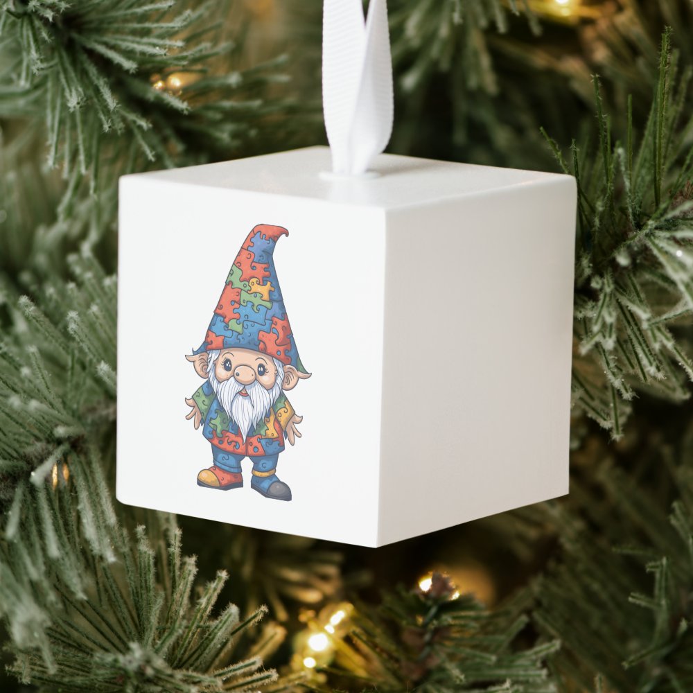 Disover Autism Awareness Gnome Celebrate Neurodiversity Cube Wooden Ornament