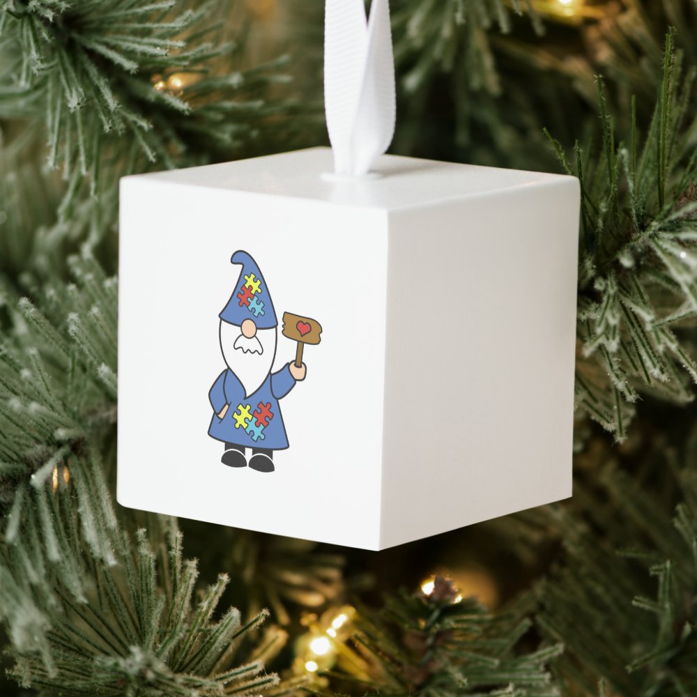 Discover Autism Awareness Gnome Cube Wooden Ornament