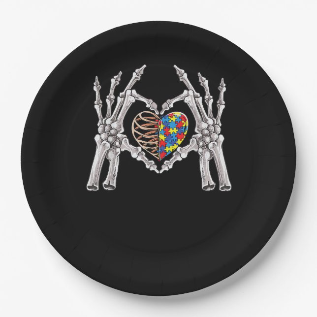 Autism Awareness Gothic Skull Hand Autism Puzzle P Paper Plates (Front)