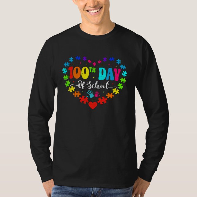 Autism Awareness  Heart 100th Day of School Teache T-Shirt (Front)